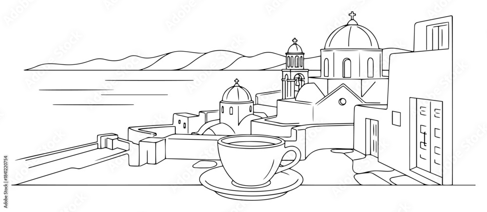 Fototapeta premium Santorini island landscape with coffee cup and traditional greek architecture sketch