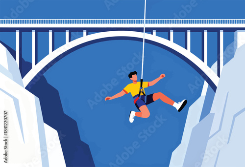 A person bungee jumps from a bridge. The vector art shows a blue bridge and a person suspended in mid-air