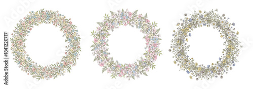 Set of colorful floral wreaths with pastel flowers