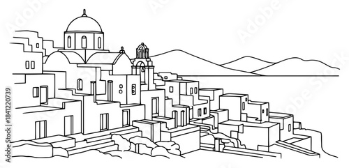 Traditional Greek island village architecture with domes and stairs on a cliffside Santorini style vector linear landscape sketch