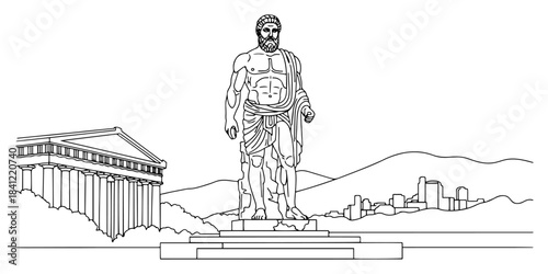 Ancient Greek god statue standing in front of a classical temple and city landscape vector black and white line art illustration