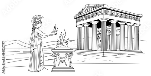 Ancient Greek priestess performing ritual by fire altar with temple architecture background