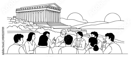 Group of people discussing with ancient greek temple background black and white vector illustration