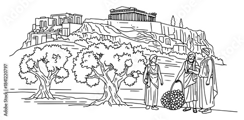 Ancient greek landscape with olive harvest and acropolis hill black and white vector sketch