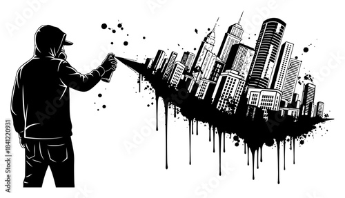 Urban street artist in gas mask spraying paint that turns into modern city skyline