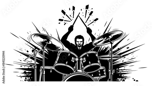 Energetic drummer silhouette playing drums black and white vector illustration