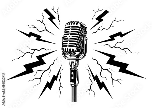 Retro microphone with lightning bolts black and white vector illustration for music poster