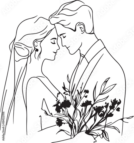 Wedding fashion illustration of bride and groom silhouette sketch showing love and beauty