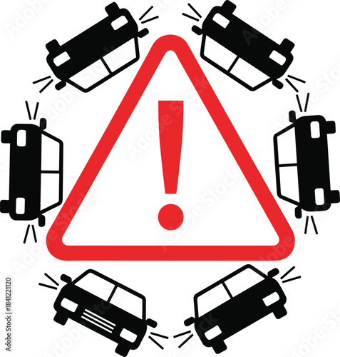 Car accident danger warning sign with red triangle exclamation mark and crashing car icons illustrating traffic risk, emergency alert and caution