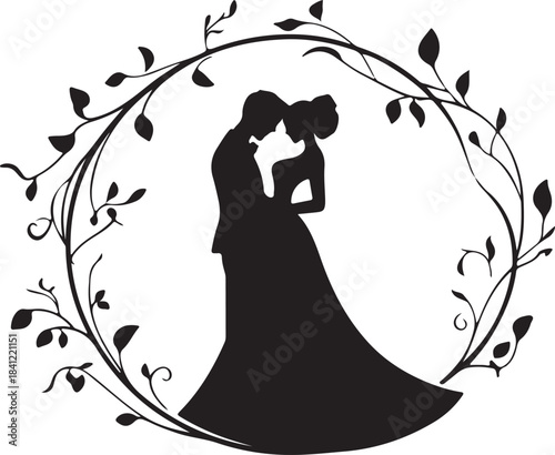 Silhouette illustration vector of a loving married couple, the bride and groom, kissing with a beautiful bouquet