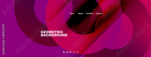 Abstract geometric background. Pink, purple hues dominate design. Navigation menu present, text visible. Modern, vibrant aesthetic.