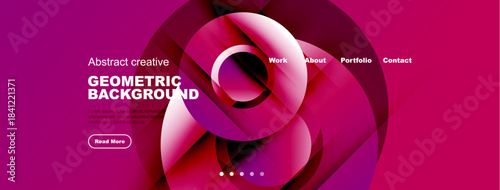 Abstract geometric background with pink, purple hues. Website header includes navigation options, text, button. Modern design elements present.