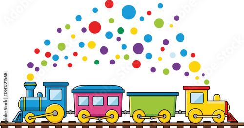 Colorful cartoon toy train with bright carriages and playful confetti dots, perfect for children’s illustrations, nursery designs, education themes and fun projects