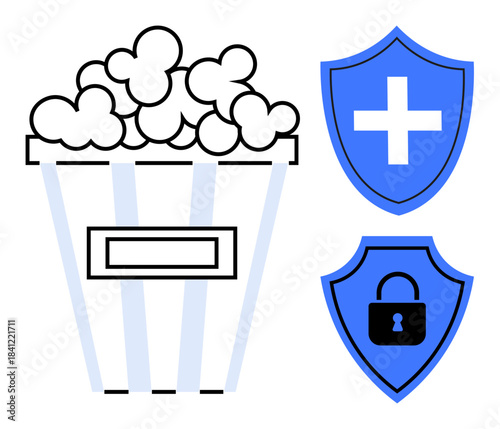 Entertainment, cybersecurity, healthcare, online safety, data protection, digital security. A popcorn box alongside a cross and lock shield. Cybersecurity and healthcare safeguard