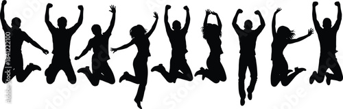 Group of people jumping in celebration, energetic silhouettes symbolizing joy, success, teamwork, unity, freedom, positive lifestyle and motivational achievement concept