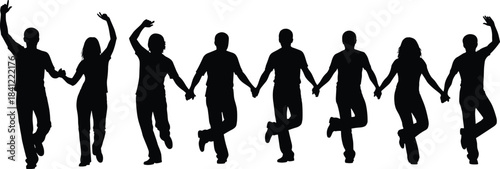 Group silhouette of people holding hands and jumping in celebration, symbolizing unity, happiness, friendship, teamwork, community and joyful lifestyle moments