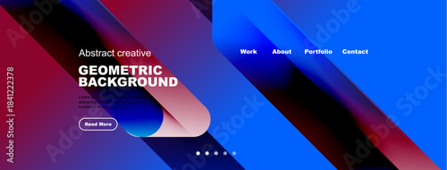 Abstract geometric background design. Website header with navigation options, text, button. Vivid colors, modern style.
