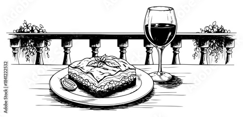 Italian lasagna dinner with red wine glass on balcony table vector illustration in vintage sketch style