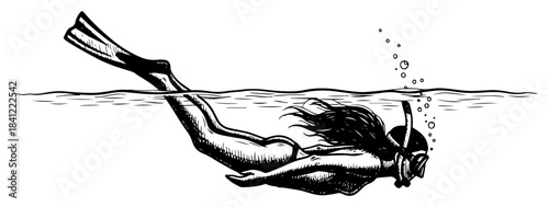 Woman snorkeling underwater in ocean with fins and mask vector illustration in summer vintage sketch style