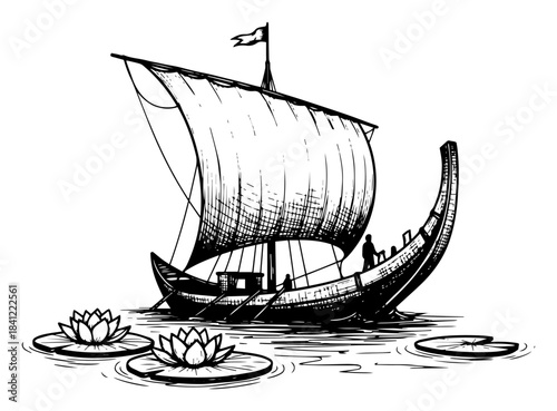 Hand drawn ancient Egyptian boat vector illustration with sail and lotus flowers on Nile river sketch