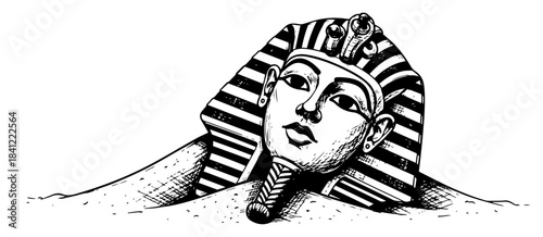 Hand drawn Pharaoh head in sand vector illustration with ancient Egyptian king statue in desert sketch