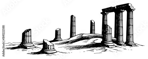 Hand drawn ancient ruins vector illustration with broken stone pillars and historical architecture sketch
