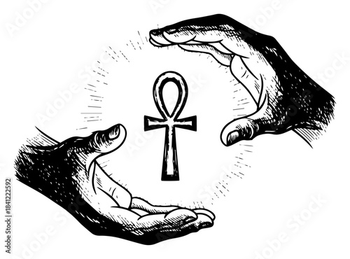 Hand drawn Ankh cross between hands vector illustration with ancient Egyptian symbol of life sketch