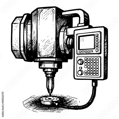 Industrial CNC milling machine with digital control panel vector illustration in vintage sketch style representing manufacturing automation