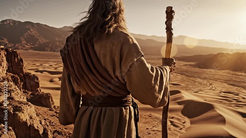 Biblical prophet Moses standing on a rocky cliff overlooking a vast desert at sunset. Rear view of a man in ancient robes holding a wooden staff. Religious concept