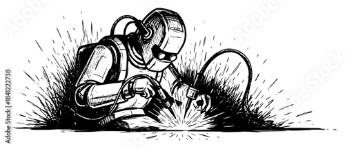 industrial welder worker welding metal sparks vector illustration vintage line art