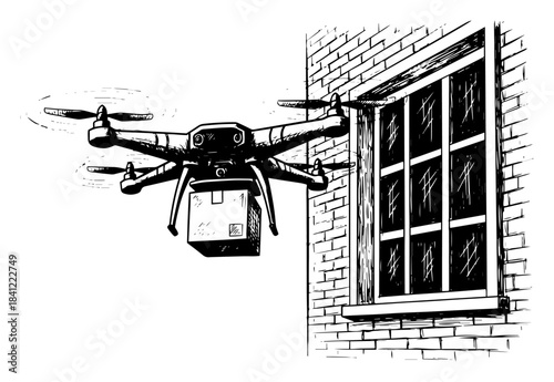 Hand drawn delivery drone vector illustration carrying package to building window sketch
