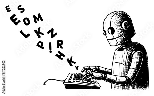 Hand drawn sketch of a robot typing on a keyboard with floating letters representing AI content generation and coding