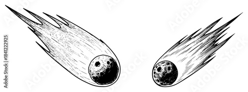 Two falling comets with textured tails and craters hand drawn sketch style vector illustration of meteorites or asteroids