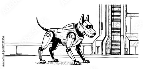 Hand drawn sketch of a futuristic robotic dog standing in a sci-fi environment illustrating advanced cybernetic technology and artificial intelligence