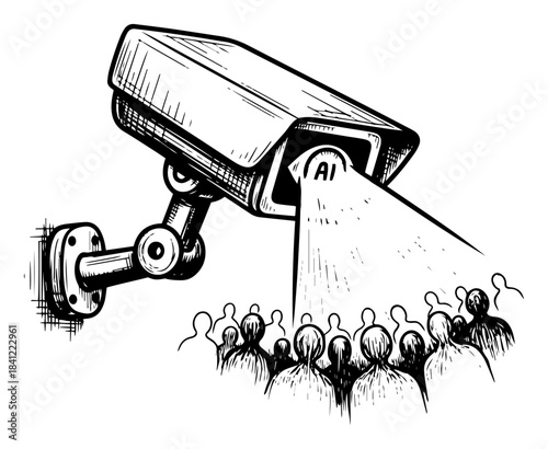 Hand drawn sketch of an ai powered security camera scanning a crowd of people representing mass surveillance and facial recognition technology