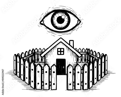 Small house surrounded by a wooden fence with a large eye watching from above concept of home surveillance or privacy sketch style