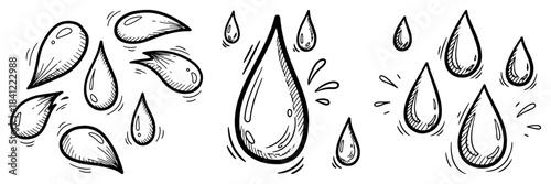 Set of hand drawn water drops and rain splashes concept of liquid nature and weather elements vector sketch