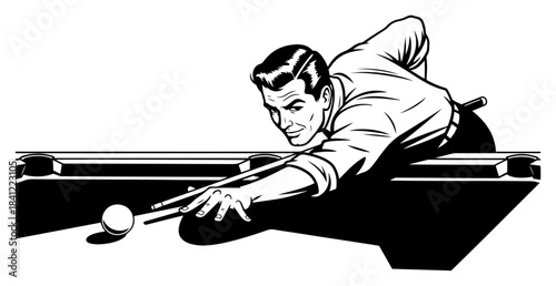 Retro style vector illustration of a handsome man playing billiards aiming at the ball with a cue stick on a pool table