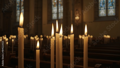 Burning cluster of seven tall white taper candles glowing in church sanctuary, with wax drips
