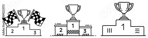 Line art illustration of winners podium set with trophy cups and checkered flags representing victory and success in sports