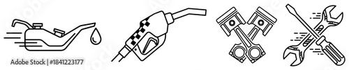 Line art icon set of automotive service symbols featuring oil can gas nozzle pistons and repair tools for mechanic shop