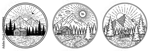 Circular mountain landscape badges with cabin and pine trees in engraving style vector illustration for outdoor adventure