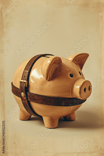 Vintage Ceramic Piggy Bank with Leather Belt
