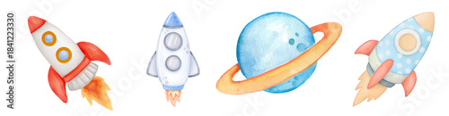 Fotografía Collection Icon Set of Watercolor vector illustration of a flying cartoon hummin