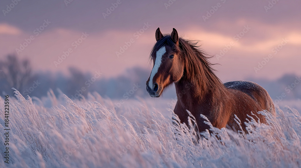 Obraz premium A graceful horse stands in a snow-covered field against the backdrop of a winter sunset. Soft pink-purple light, fluffy snow.