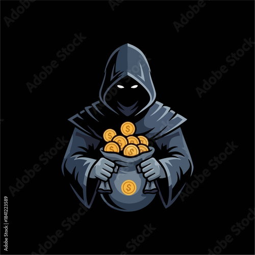 A dark hooded figure with glowing eyes holds a sack overflowing with golden dollar coins, depicted in a mysterious illustration.
