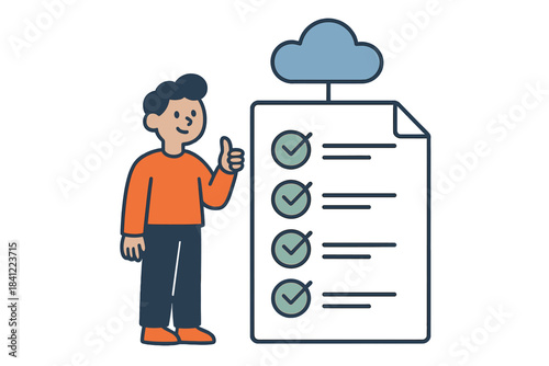 Happy person giving thumbs up next to a completed checklist document connected to cloud storage