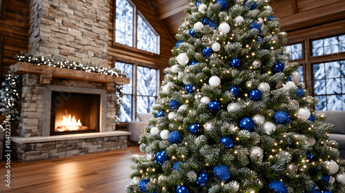 A Christmas tree with blue and silver balls and garlands is placed in a cozy living room with a fireplace. For themes related to New Year and Christmas.