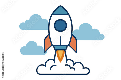 Minimalist space rocket taking off into the sky leaving a trail of smoke and fire