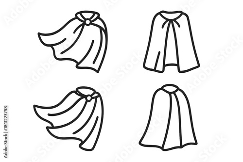 Set of dynamic and static black outline icons featuring superhero capes and fantasy cloaks